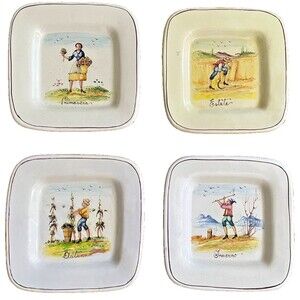 Set of 4 Hand Painted SEASONS Square Plates 9" Italy Vintage RARE